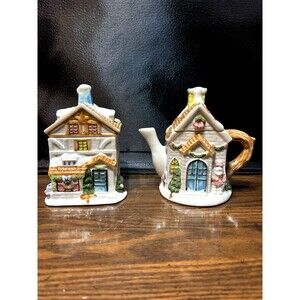 Vintage Houston Harvest Christmas Cottage Ceramic Tea Pot And Sugar Bowl 2pc Set